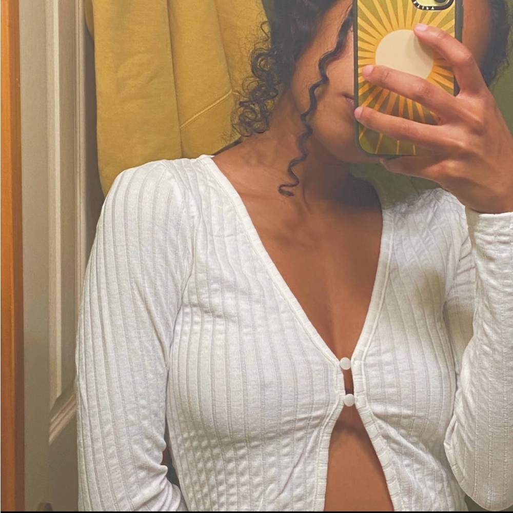 Front button ribbed cropped long sleeve/cardigan